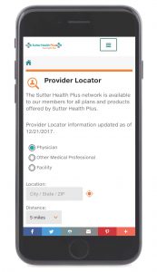 Image of a mobile phone with the Sutter Provider Locator displayed.