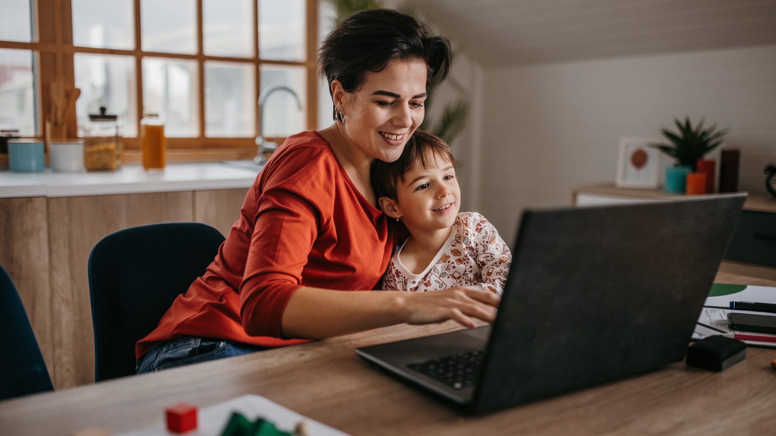 An image of a woman with a child on a computer.